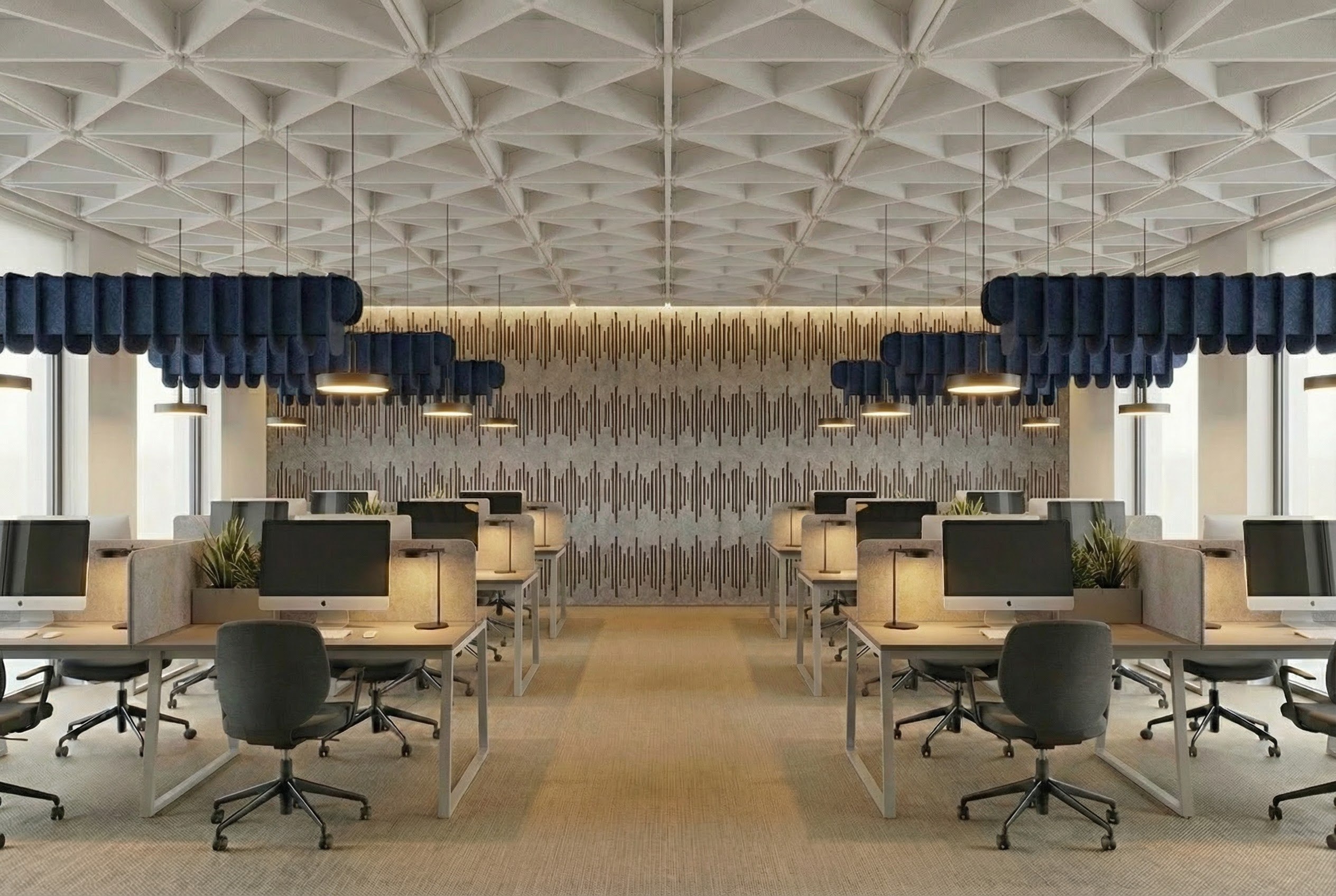 Suspended acoustic forms and structures in an interior
