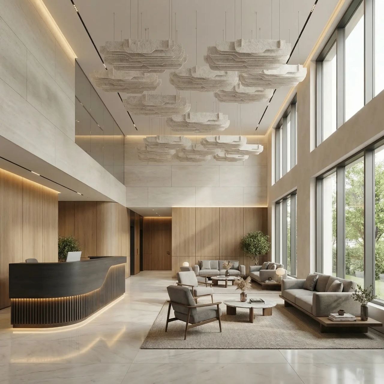 Suspended acoustic forms and structures in an interior